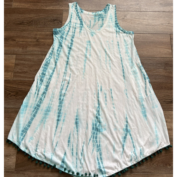 Soft Surroundings Tank Dress Women 1X Tie Dye Pom Pom Hem Pockets Casual Hippie - Picture 12 of 12